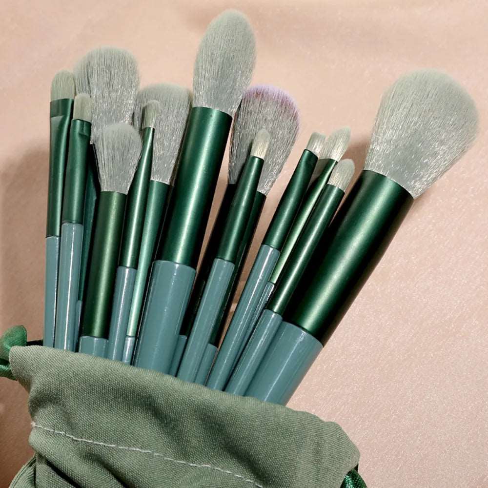 13Pcs Makeup Brush Set - Green with bag